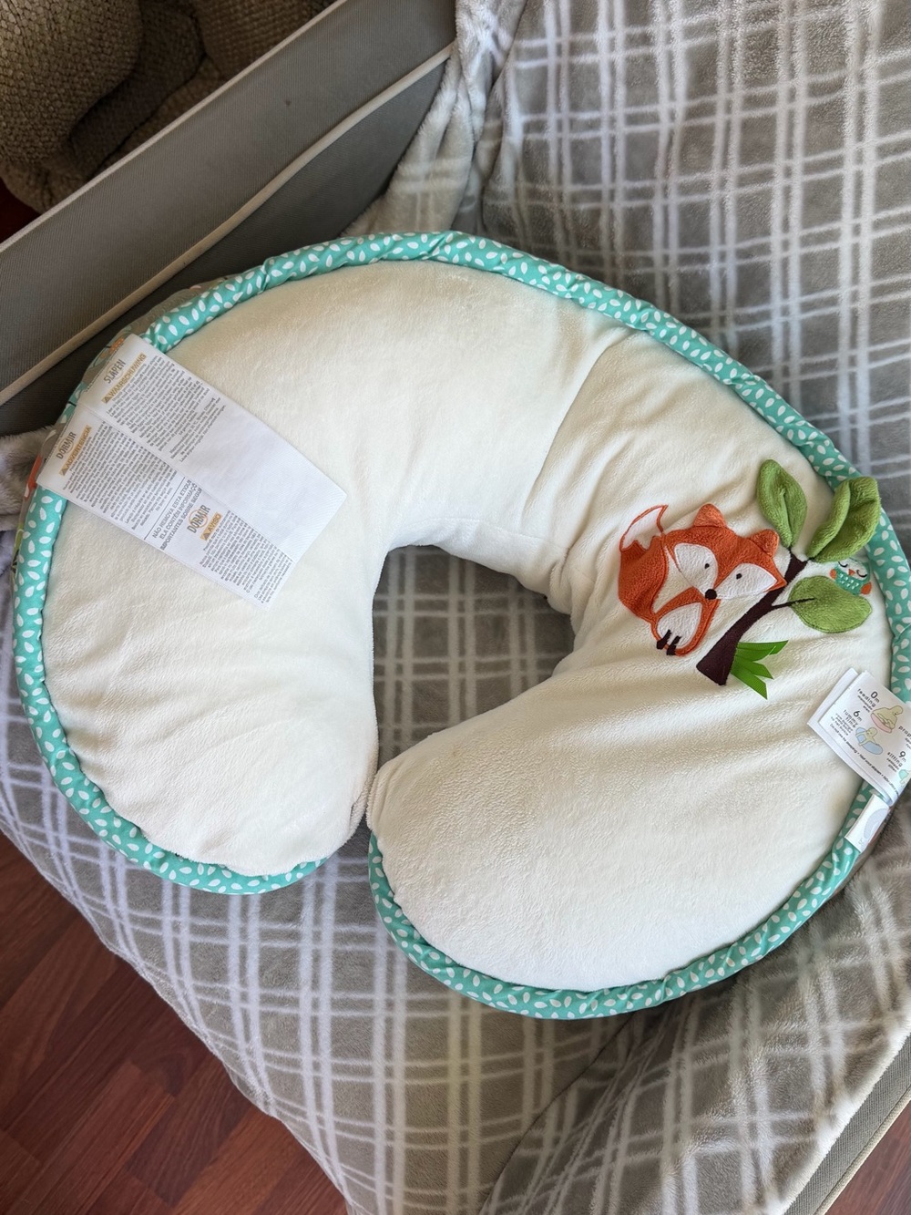 Boppy Nursing Pillow with cream and teal fox cover